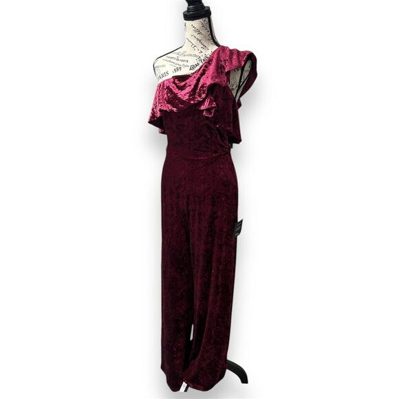Lulus L Red Velvet Jumpsuit One Shoulder Ruffle Wide Leg Witchy Wedding Guest - Picture 4 of 12